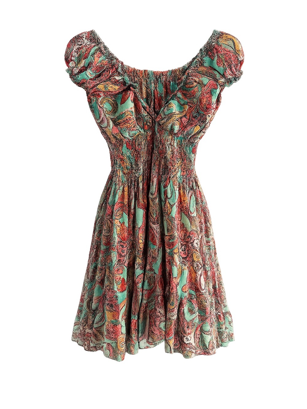 Anisa Spain Multi-Colored Green Orange Paisley Smocked Mini Dress - Size S/M